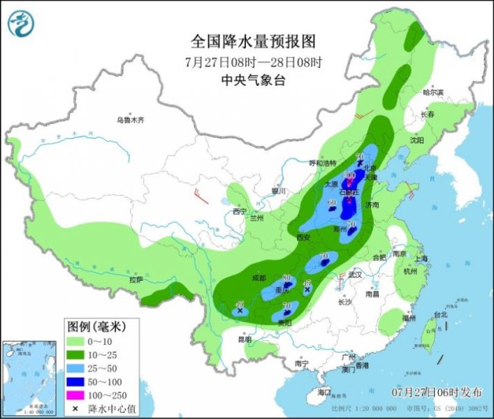 未来三天川渝京津冀辽等地有较强降雨过程 高温固守江南华南